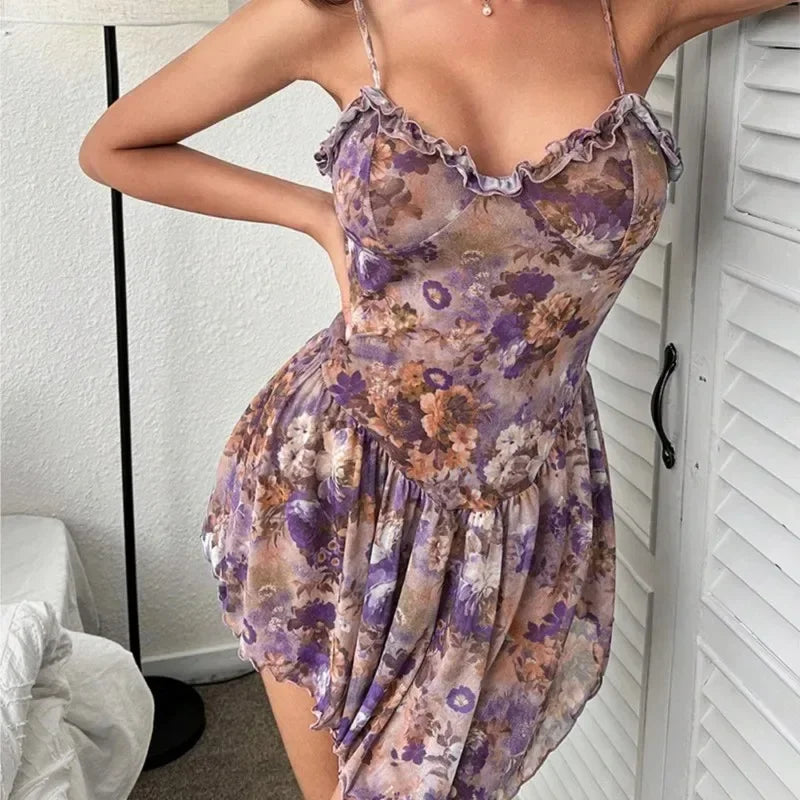 Woman wearing a floral dress with a neutral background