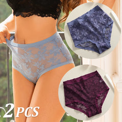 Woman wearing lace underwear with inset images of purple and blue panties.