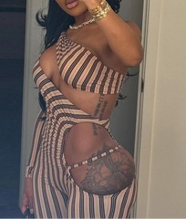 Striped Hollow Ruched Jumpsuit – Sexy Full Sleeve Clubwear for Women