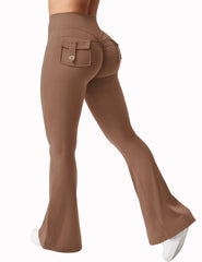 Brown bell-bottom pants on a white background