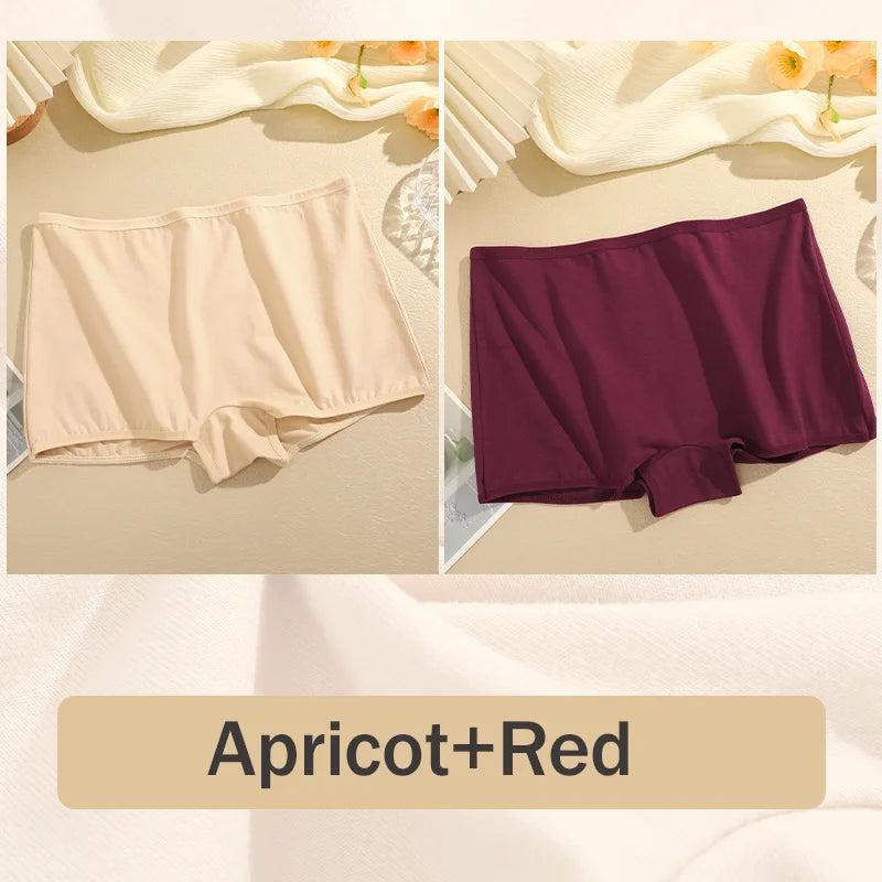 Two pairs of shorts, one beige and one red, on a neutral background with 'Apricot+Red' text.