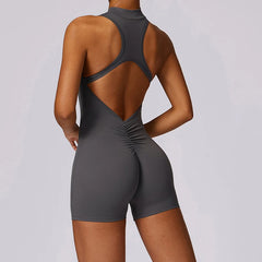 Women’s V-Back Scrunch Sports Jumpsuit – Zipper One-Piece