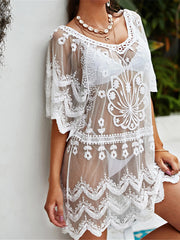 Embroidered V-Neck Beach Cover-Up – Sheer Short Sleeve Tunic Dress