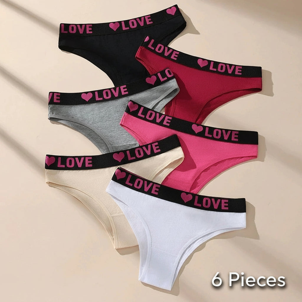 Set of women's underwear with 'LOVE' waistbands in various colors on a beige background