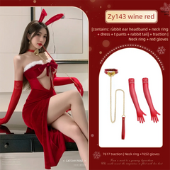 Woman in a red costume with bunny ears and accessories on a white background