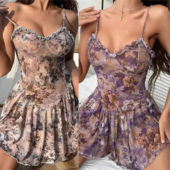 Floral dress worn by a model with a neutral background
