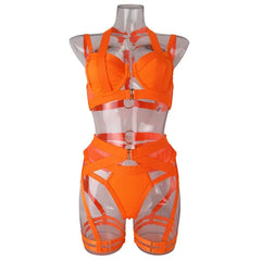 Orange and clear two-piece outfit on a mannequin against a white background