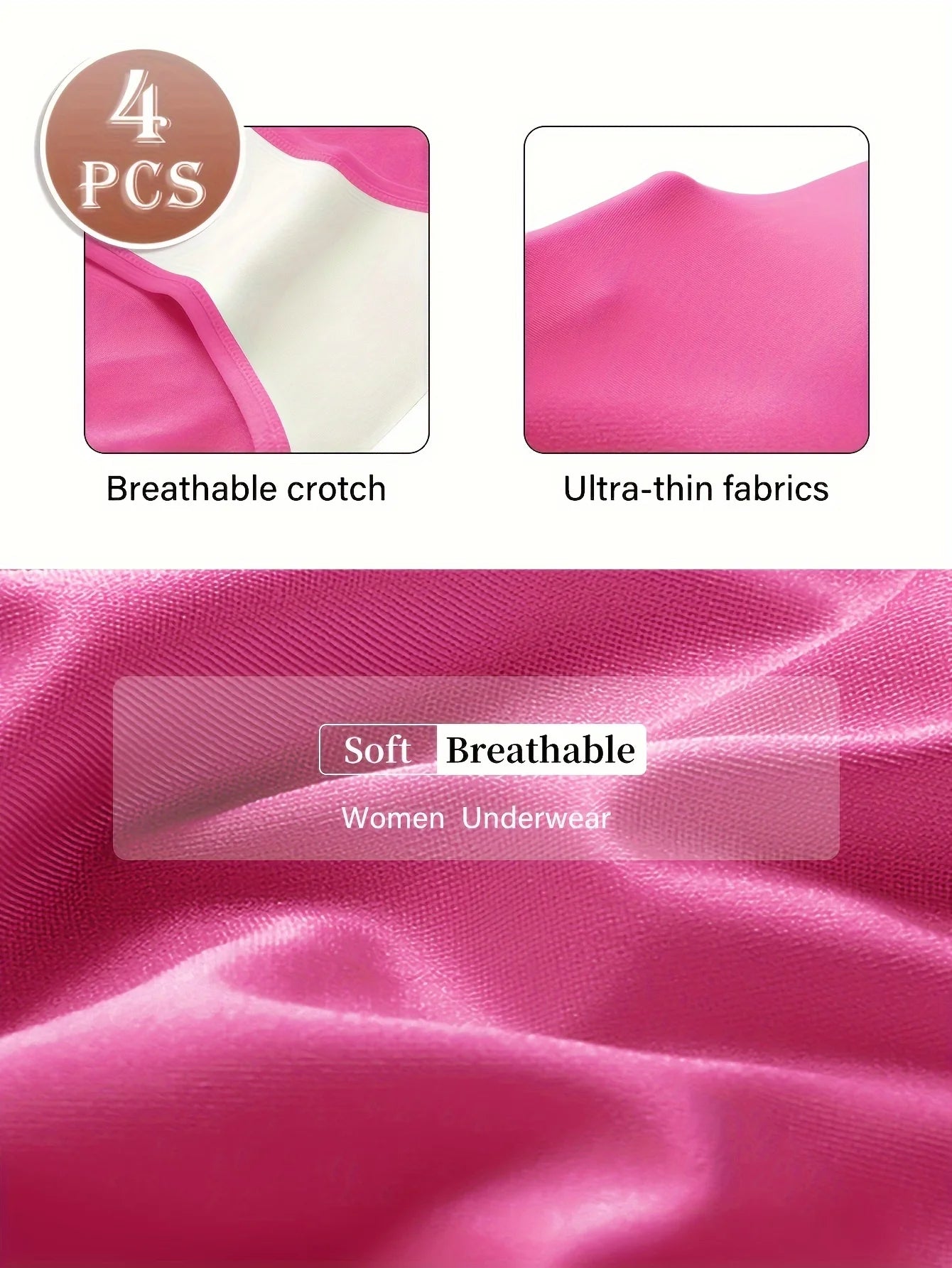 Pink fabric with breathable crotch and ultra-thin textures, labeled as soft and breathable women's underwear.
