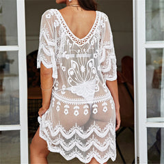 Embroidered V-Neck Beach Cover-Up – Sheer Short Sleeve Tunic Dress