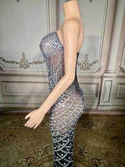 Luxurious Rhinestone Chain Mesh Backless Evening Dress