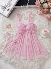 Women Sheer Ruffle Babydoll Nightgown Thong Set