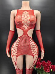 Women Fishnet Hollow Lingerie Bodysuit Gloves Set