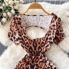 Leopard Print Lace-Up Night Dress – Sexy Slim-Fit Short Sleeve Lingerie