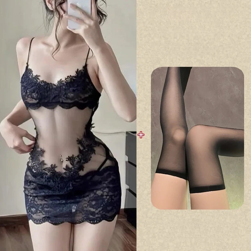 Black lace lingerie set worn by a model with inset of sheer stockings.