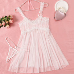 Women Sheer Ruffle Babydoll Nightgown Thong Set
