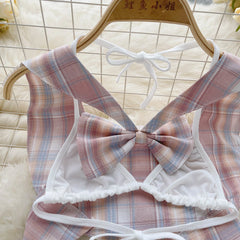 Japanese Plaid Bow Hollow‑Out Tank & Skirt Set
