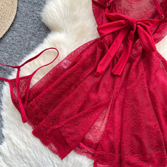 Sexy Lace Nightwear Dress – Ruffle Straps & Bow Back Design