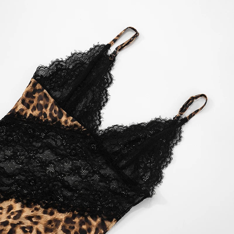 Black lace lingerie with leopard print trim on a white background