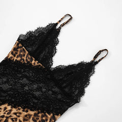 Black lace lingerie with leopard print trim on a white background