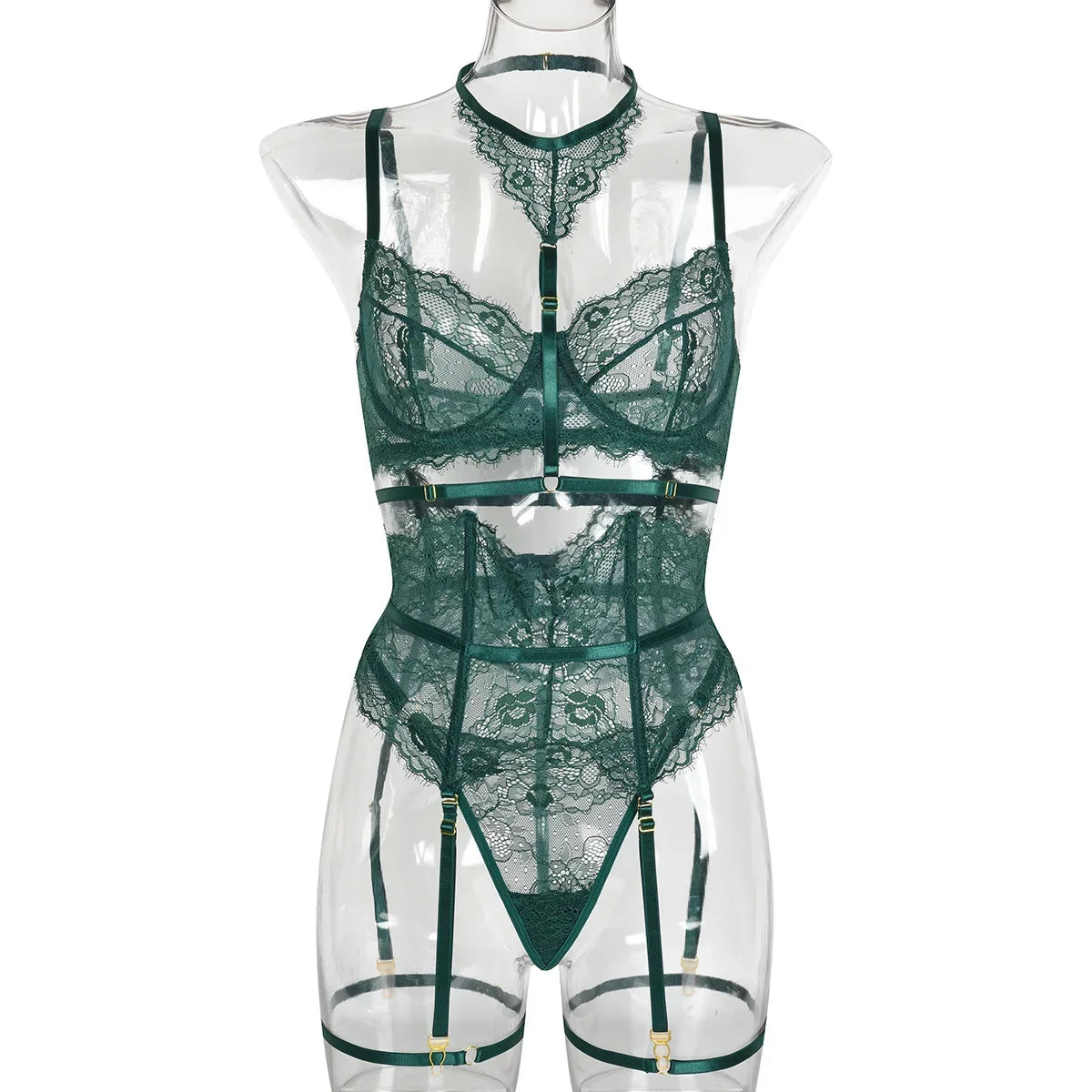 Green lace lingerie set on a transparent mannequin against a white background