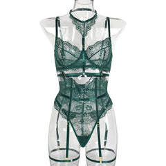 Green lace lingerie set on a transparent mannequin against a white background