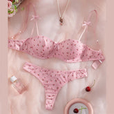 Cherry Print Lingerie Set – Cute 3-Point Bra & Panty with Bow Detail