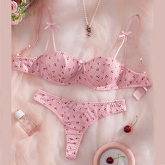 Cherry Print Lingerie Set – Cute 3-Point Bra & Panty with Bow Detail