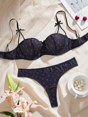 Cherry Print Lingerie Set – Cute 3-Point Bra & Panty with Bow Detail