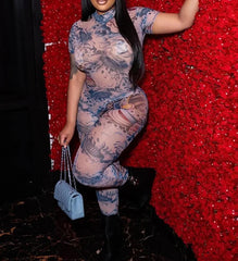 Sheer Dragon Print Jumpsuit – Backless Slim Fit Clubwear for Women