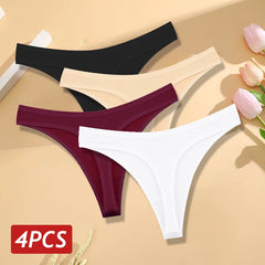 Four pairs of women's underwear in black, beige, red, and white on a beige background with flowers.