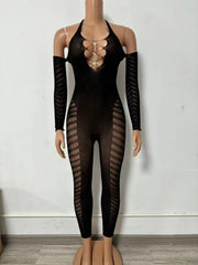 Black Mesh Panel Long Sleeve Bodysuit