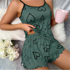 Women's Heart Print Satin Pajama Set