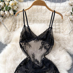 Ruffled Sheer Lace Camisole Dress