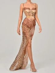 Leopard Lace Backless Maxi Dress