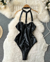 Luxury PU Leather Halter Backless Bodysuit – Sleek Hollow-Out Seduction