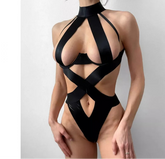 Black swimsuit with criss-cross design on a white background, featuring the brand 'TOUCHEART'.