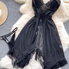 Irregular Mesh Lace Spliced Nightgown – Women’s Sheer Sleepwear Dress