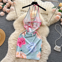 Floral Halter Backless Lace-Up Bodycon Dress