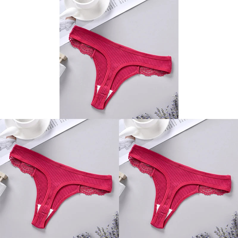 Three red ribbed lace-trim thongs displayed in a collage