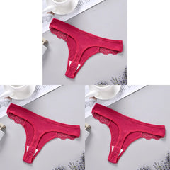 Three red ribbed lace-trim thongs displayed in a collage