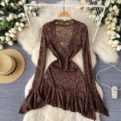 Sexy Sheer Lace Ruffle Dress – V-Neck & Long Sleeve Midi