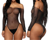 A model shown in two views wearing a sheer black long-sleeve bodysuit covered in small rhinestones, photographed against a plain white background.