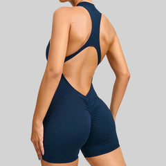 Women’s V-Back Scrunch Sports Jumpsuit – Zipper One-Piece