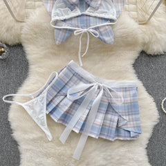 Japanese Plaid Bow Hollow‑Out Tank & Skirt Set