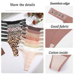 Collection of women's underwear with 'LOVE' waistbands, showing details like seamless edge and good fabric.
