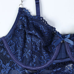 Blue lace bra on a white background