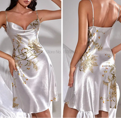 Satin Cherry Print V-Neck Nightgown
