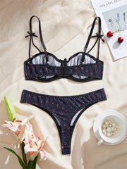 Cherry Print Lingerie Set – Cute 3-Point Bra & Panty with Bow Detail
