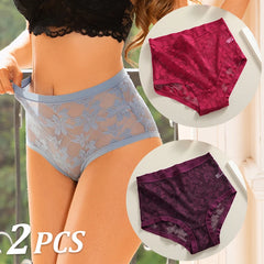 Woman wearing lace underwear with inset images of red and purple underwear on a white background.