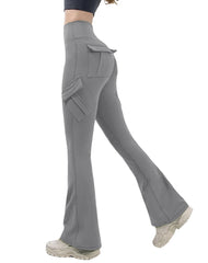 Gray flared pants worn by a person on a white background